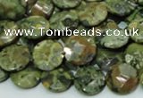 CPS84 15.5 inches 12mm faceted flat round green peacock stone beads