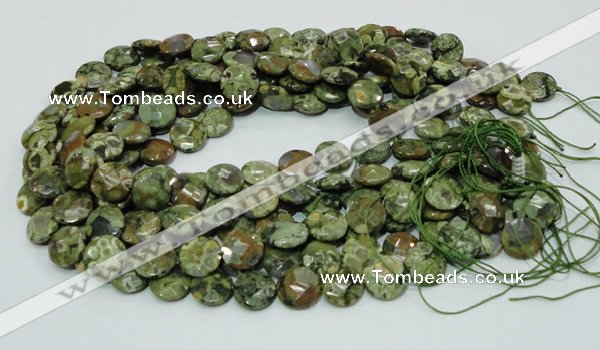 CPS84 15.5 inches 12mm faceted flat round green peacock stone beads