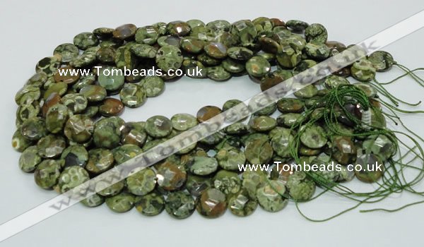 CPS85 15.5 inches 14mm faceted flat round green peacock stone beads