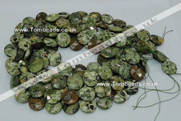 CPS86 15.5 inches 16mm faceted flat round green peacock stone beads