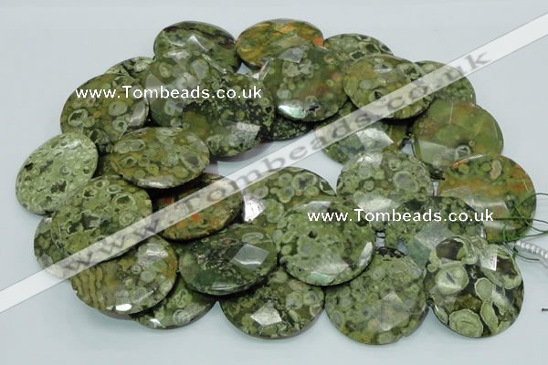 CPS88 15.5 inches 40mm faceted flat round green peacock stone beads