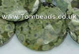 CPS93 15.5 inches 30mm faceted flat round green peacock stone beads