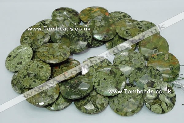 CPS93 15.5 inches 30mm faceted flat round green peacock stone beads