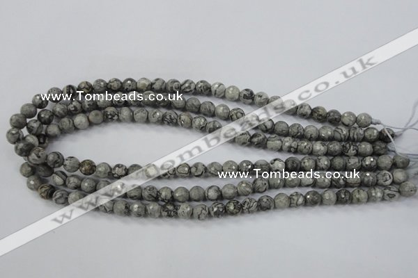 CPT112 15.5 inches 8mm faceted round grey picture jasper beads