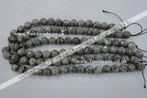 CPT114 15.5 inches 12mm faceted round grey picture jasper beads