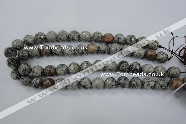 CPT115 15.5 inches 14mm faceted round grey picture jasper beads