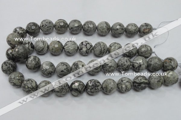 CPT117 15.5 inches 18mm faceted round grey picture jasper beads