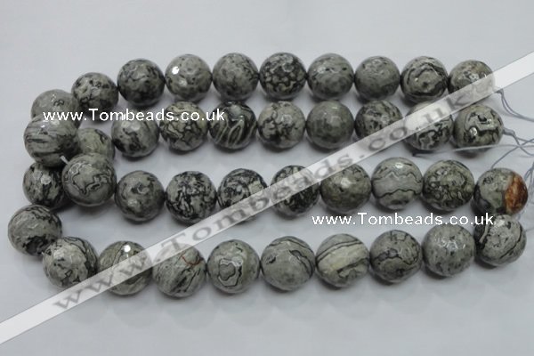 CPT118 15.5 inches 20mm faceted round grey picture jasper beads