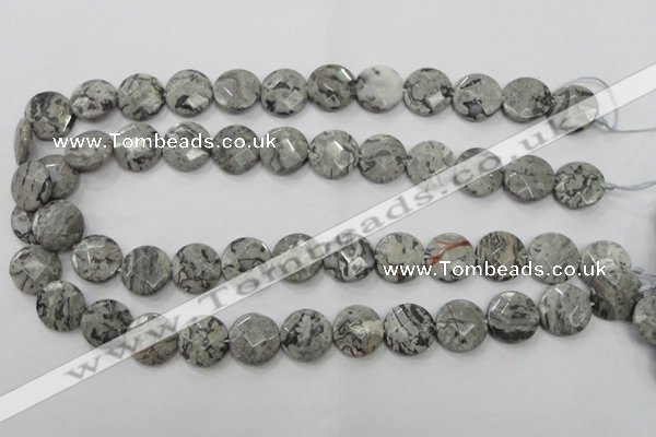 CPT125 15.5 inches 15mm faceted coin grey picture jasper beads