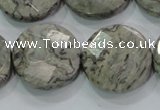 CPT126 15.5 inches 25mm faceted coin grey picture jasper beads