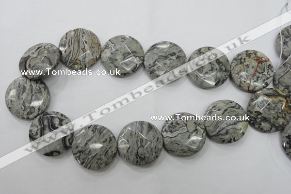 CPT127 15.5 inches 30mm faceted coin grey picture jasper beads