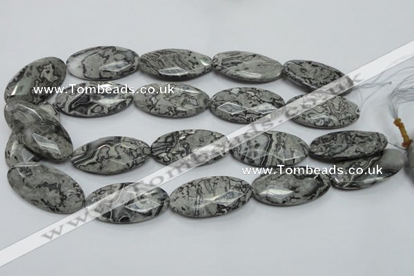 CPT128 15.5 inches 20*40mm faceted oval grey picture jasper beads