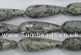 CPT137 15.5 inches 10*30mm faceted teardrop grey picture jasper beads