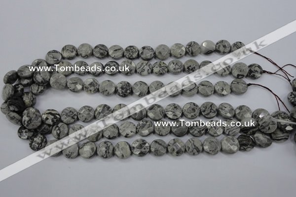 CPT140 15.5 inches 12mm faceted coin grey picture jasper beads