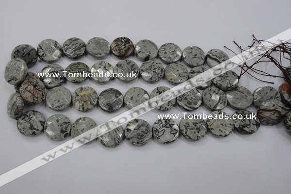 CPT141 15.5 inches 20mm faceted coin grey picture jasper beads