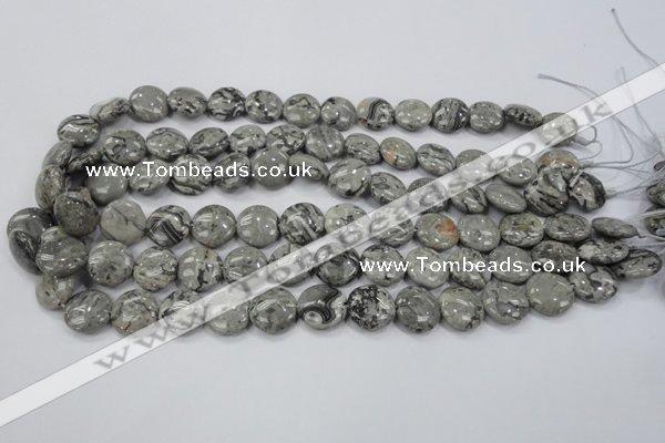 CPT164 15.5 inches 14mm flat round grey picture jasper beads