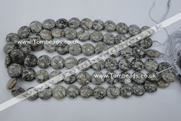 CPT165 15.5 inches 16mm flat round grey picture jasper beads