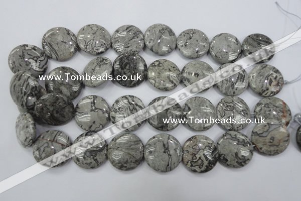 CPT168 15.5 inches 25mm flat round grey picture jasper beads