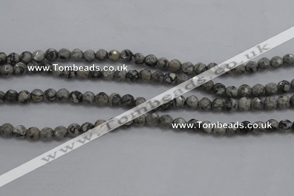 CPT186 15.5 inches 4mm faceted round grey picture jasper beads