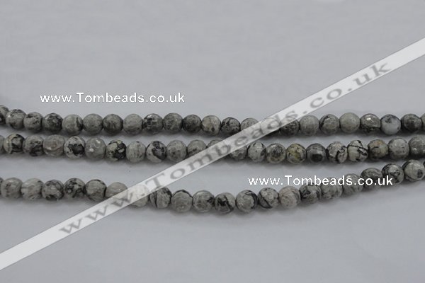 CPT187 15.5 inches 6mm faceted round grey picture jasper beads