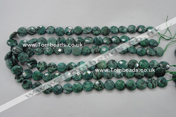 CPT232 15.5 inches 12mm faceted coin green picture jasper beads