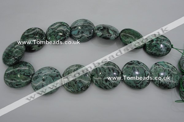 CPT333 15.5 inches 30mm flat round green picture jasper beads