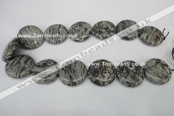 CPT361 15.5 inches 30mm flat round grey picture jasper beads