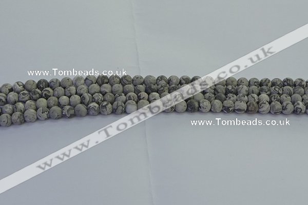 CPT570 15.5 inches 4mm round matte grey picture jasper beads