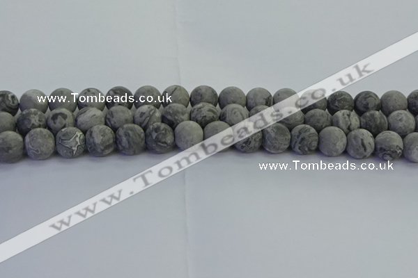 CPT573 15.5 inches 10mm round matte grey picture jasper beads