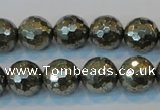 CPY110 15.5 inches 14mm faceted round pyrite gemstone beads wholesale