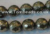 CPY111 15.5 inches 16mm faceted round pyrite gemstone beads wholesale