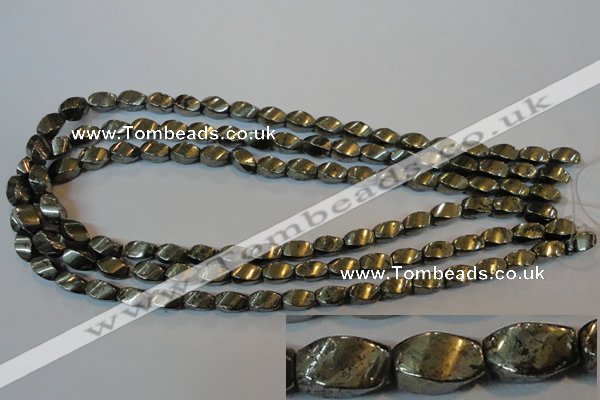 CPY345 15.5 inches 6*10mm twisted rice pyrite gemstone beads wholesale