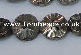 CPY660 15.5 inches 15mm carved flower pyrite gemstone beads