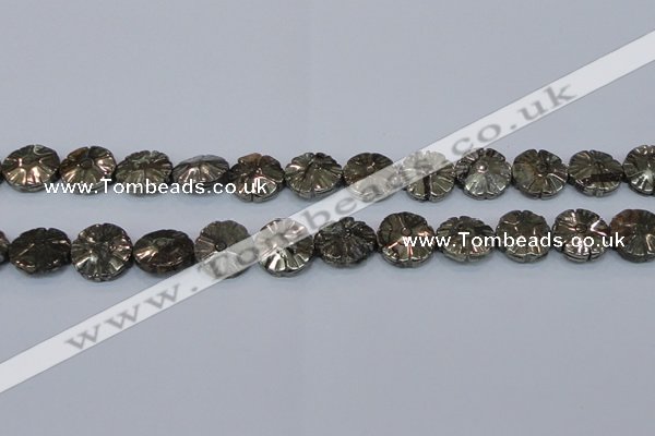 CPY660 15.5 inches 15mm carved flower pyrite gemstone beads