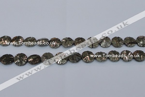 CPY661 15.5 inches 16mm carved flower pyrite gemstone beads