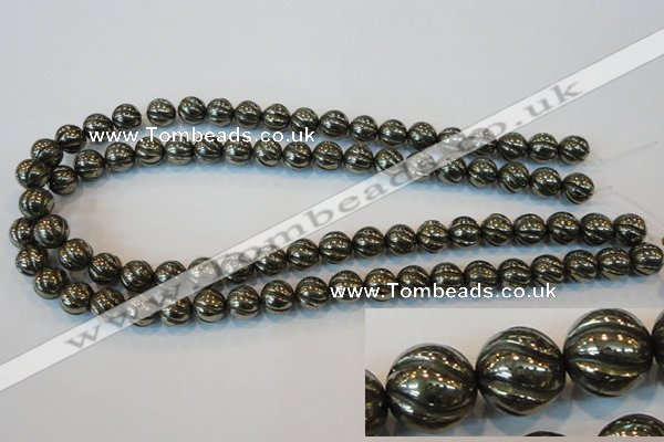 CPY75 15.5 inches 10mm carved round pyrite gemstone beads wholesale