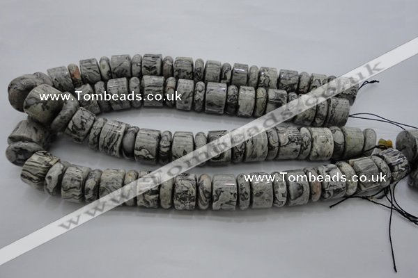 CRB196 15.5 inches 6*18mm – 13*18mm rondelle grey picture jasper beads