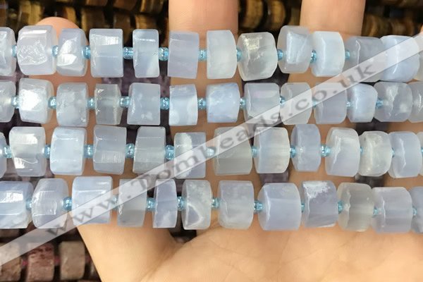 CRB2186 15.5 inches 9mm - 10mm faceted tyre blue chalcedony beads