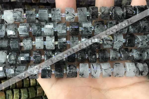 CRB2192 15.5 inches 10mm - 11mm faceted tyre black rutilated quartz beads