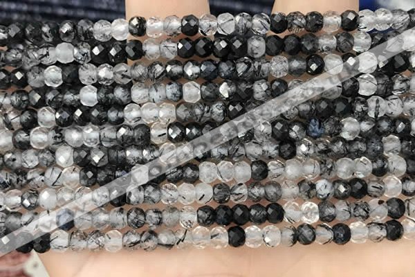 CRB2266 15.5 inches 3*4mm faceted rondelle black rutilated quartz beads