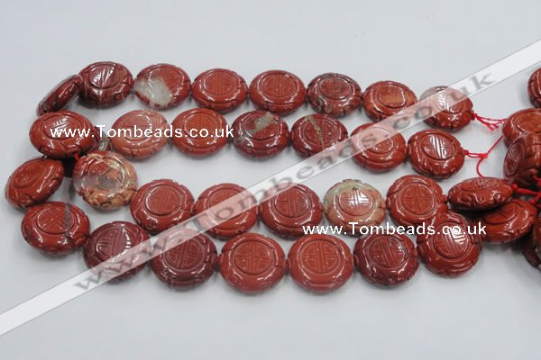 CRE20 16 inches 25mm carved coin natural red jasper beads wholesale