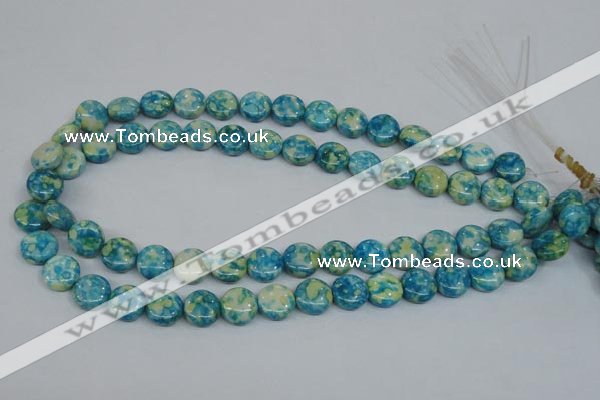 CRF117 15.5 inches 12mm flat round dyed rain flower stone beads