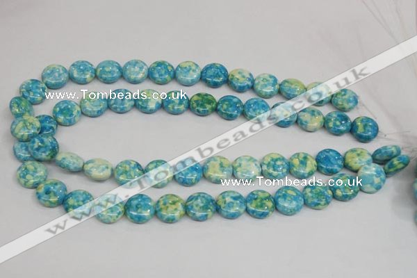 CRF118 15.5 inches 14mm flat round dyed rain flower stone beads