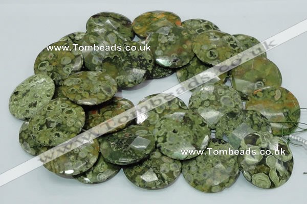 CRH109 15.5 inches 30mm faceted flat round rhyolite beads wholesale