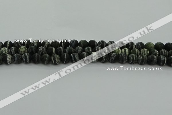 CRO1122 15.5 inches 8mm round matte green silver line jasper beads