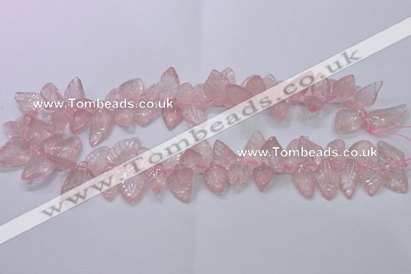 CRQ385 15.5 inches 15*18mm - 15*25mm carved leaf rose quartz beads