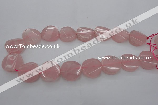 CRQ663 15.5 inches 25mm twisted coin rose quartz beads