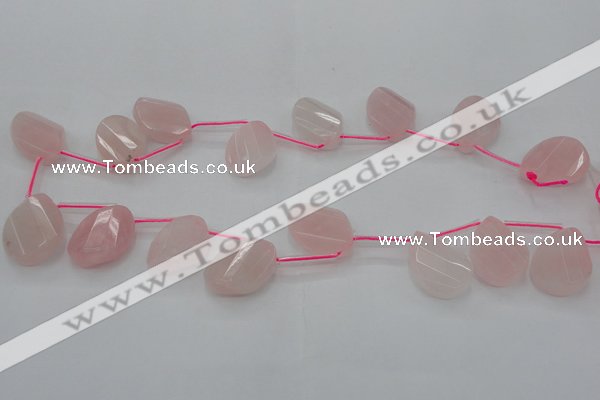 CRQ735 18*25mm faceted & twisted flat teardrop rose quartz beads