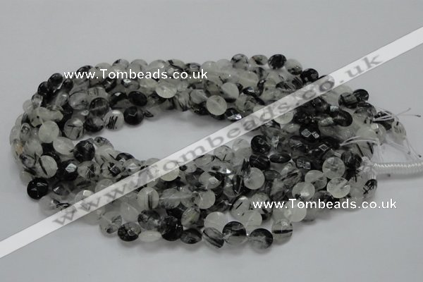 CRU02 15.5 inches 10mm faceted flat round black rutilated quartz beads