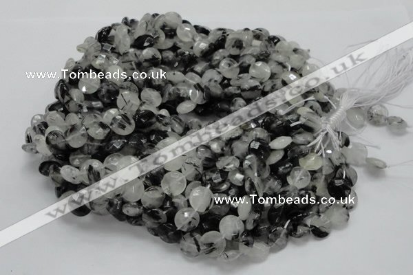 CRU03 15.5 inches 12mm faceted flat round black rutilated quartz beads